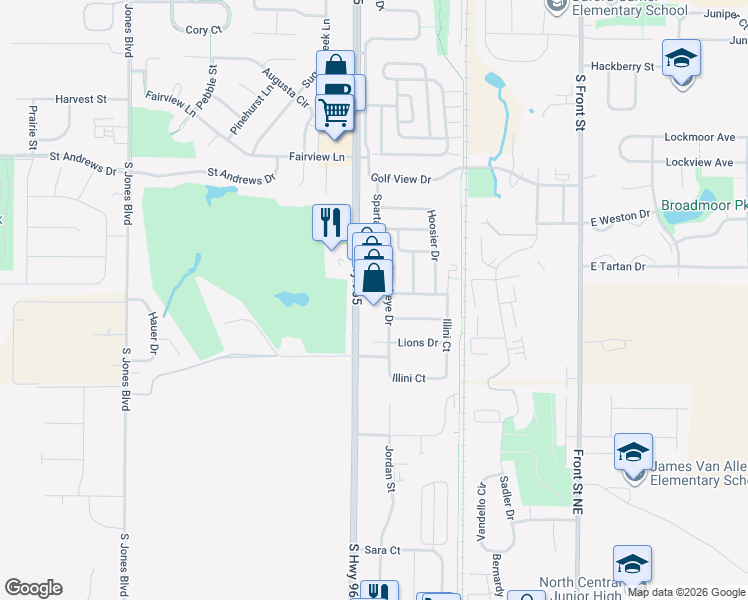 map of restaurants, bars, coffee shops, grocery stores, and more near 69-87 Hawkeye Dr in North Liberty