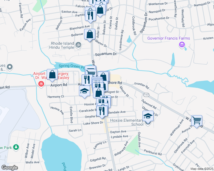 map of restaurants, bars, coffee shops, grocery stores, and more near 2 West Shore Road in Warwick