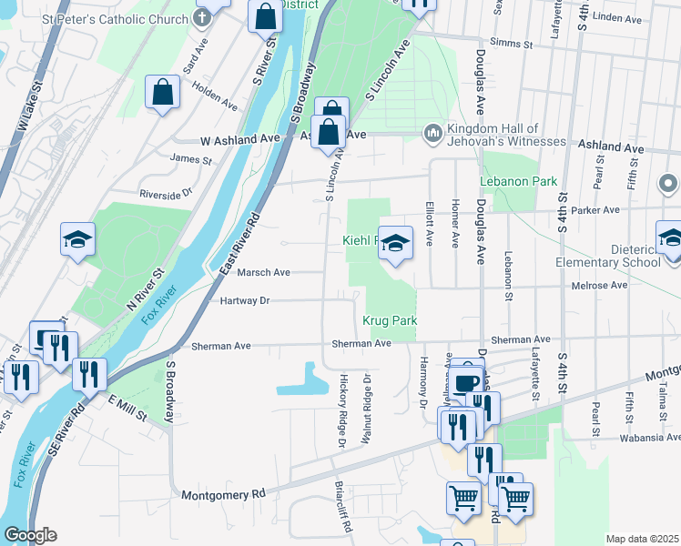 map of restaurants, bars, coffee shops, grocery stores, and more near 1144 South Lincoln Avenue in Montgomery