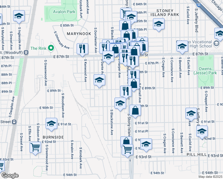 map of restaurants, bars, coffee shops, grocery stores, and more near S Blackstone Ave & E 89th St in Chicago