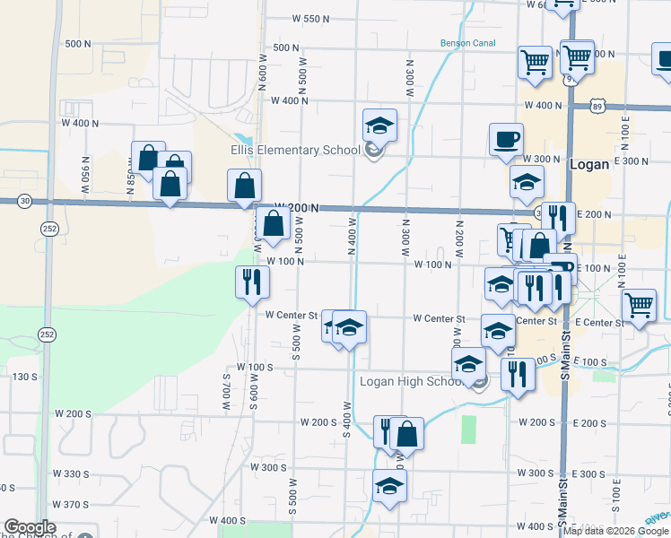 map of restaurants, bars, coffee shops, grocery stores, and more near 426 West 100 North in Logan