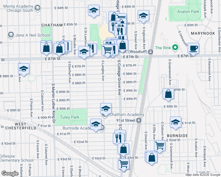map of restaurants, bars, coffee shops, grocery stores, and more near 724 East 89th Street in Chicago