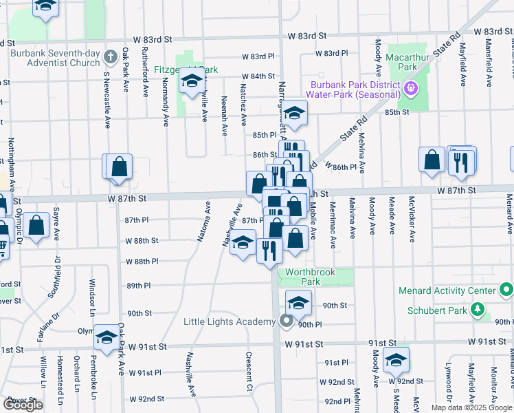 map of restaurants, bars, coffee shops, grocery stores, and more near 6424 West 87th Place in Oak Lawn