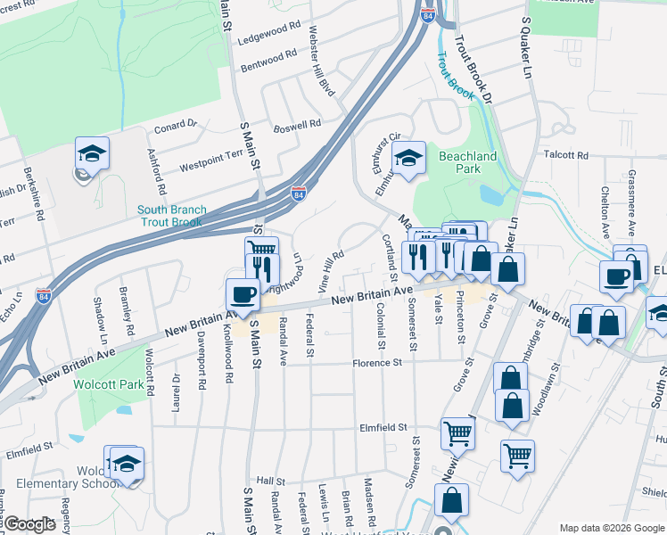 map of restaurants, bars, coffee shops, grocery stores, and more near 32 Vine Hill Road in West Hartford