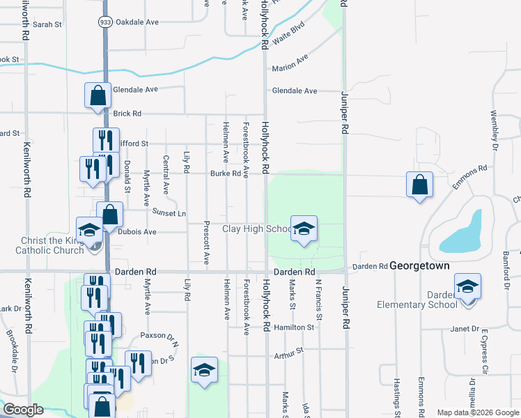map of restaurants, bars, coffee shops, grocery stores, and more near 52227-52381 Hollyhock Road in South Bend