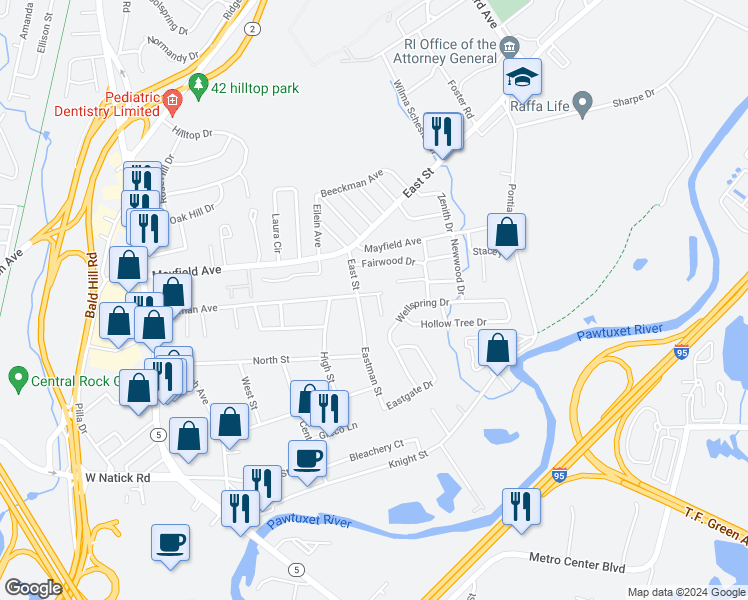 map of restaurants, bars, coffee shops, grocery stores, and more near 22 Bateman Avenue in Cranston