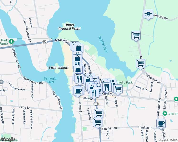 map of restaurants, bars, coffee shops, grocery stores, and more near 324 Main Street in Warren