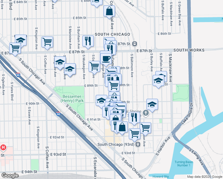map of restaurants, bars, coffee shops, grocery stores, and more near 8910 South Commercial Avenue in Chicago