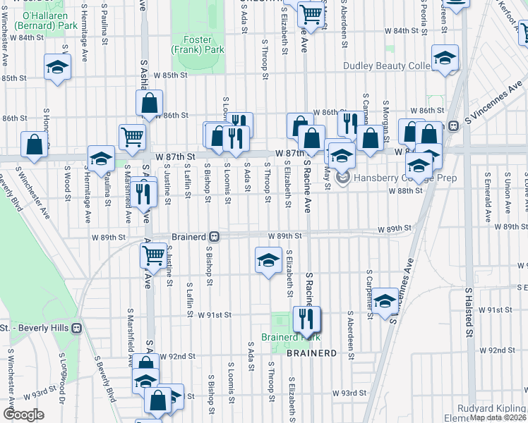 map of restaurants, bars, coffee shops, grocery stores, and more near 8824 South Throop Street in Chicago