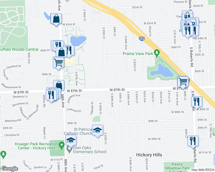 map of restaurants, bars, coffee shops, grocery stores, and more near 8512 West 87th Street in Hickory Hills