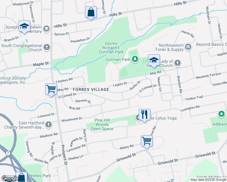 map of restaurants, bars, coffee shops, grocery stores, and more near 78 Burke Street in East Hartford