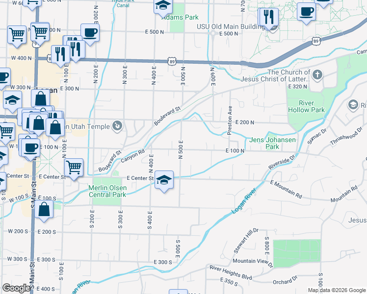 map of restaurants, bars, coffee shops, grocery stores, and more near 509 East 100 North in Logan