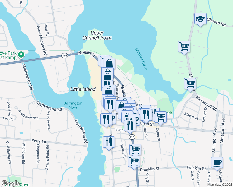 map of restaurants, bars, coffee shops, grocery stores, and more near 64 Union Street in Warren