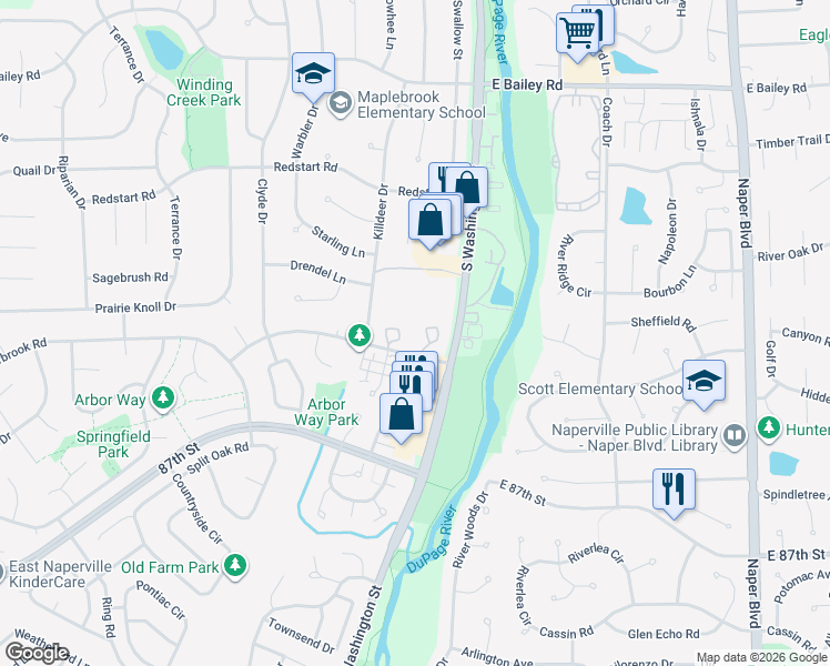 map of restaurants, bars, coffee shops, grocery stores, and more near 35 Foxcroft Road in Naperville