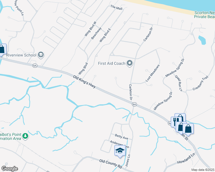 map of restaurants, bars, coffee shops, grocery stores, and more near 613 Massachusetts 6A in Sandwich