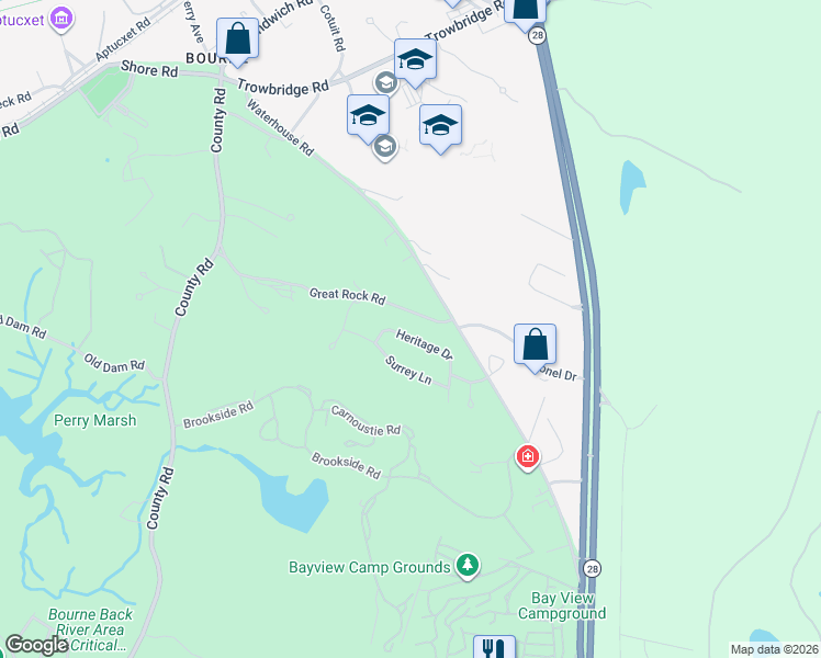 map of restaurants, bars, coffee shops, grocery stores, and more near 29 Heritage Drive in Bourne