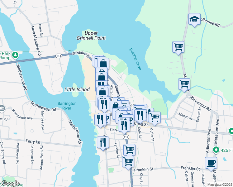 map of restaurants, bars, coffee shops, grocery stores, and more near 324 Main Street in Warren