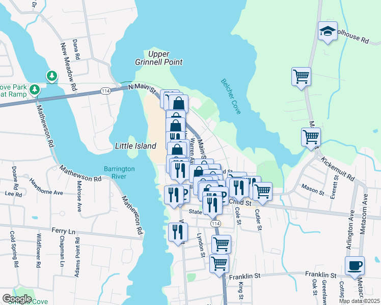 map of restaurants, bars, coffee shops, grocery stores, and more near 64 Union Street in Warren