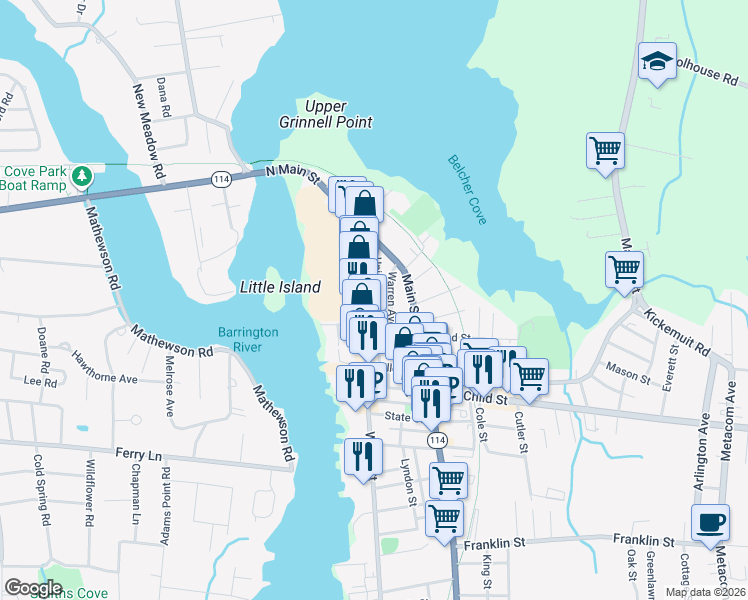 map of restaurants, bars, coffee shops, grocery stores, and more near 64 Union Street in Warren