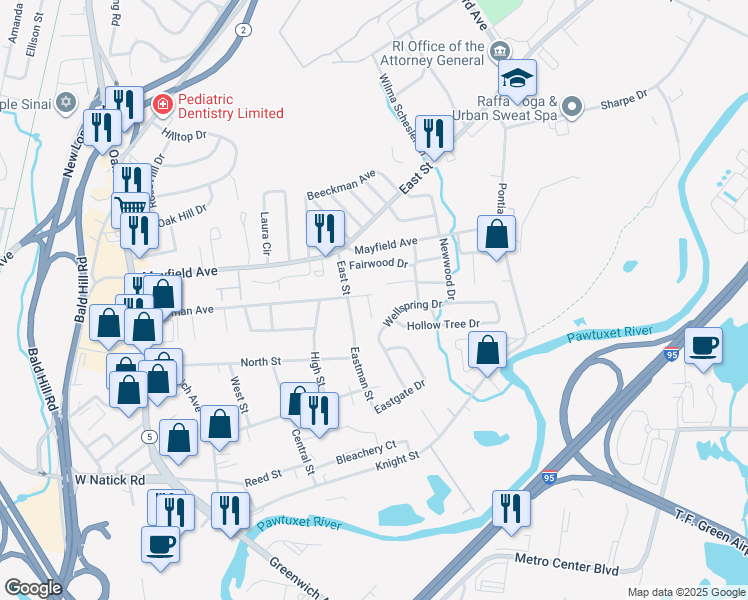 map of restaurants, bars, coffee shops, grocery stores, and more near 22 Bateman Avenue in Cranston