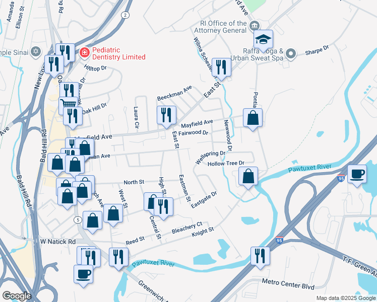 map of restaurants, bars, coffee shops, grocery stores, and more near 22 Bateman Avenue in Cranston