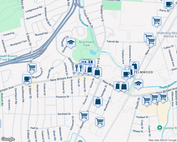 map of restaurants, bars, coffee shops, grocery stores, and more near in West Hartford