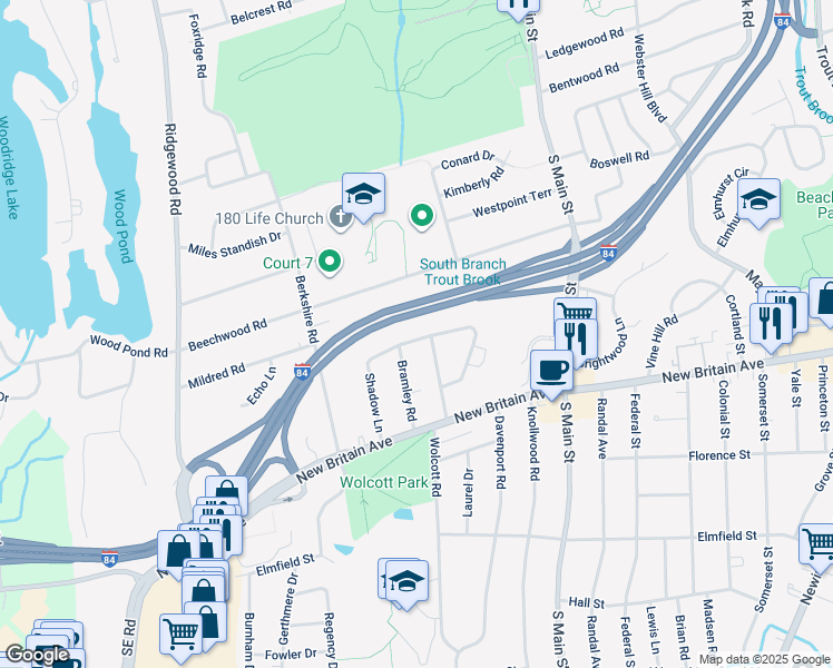 map of restaurants, bars, coffee shops, grocery stores, and more near 32 Valley Crest Drive in West Hartford