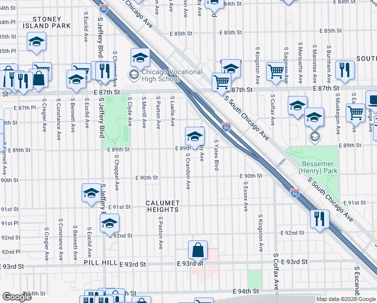 map of restaurants, bars, coffee shops, grocery stores, and more near 8916 South Crandon Avenue in Chicago