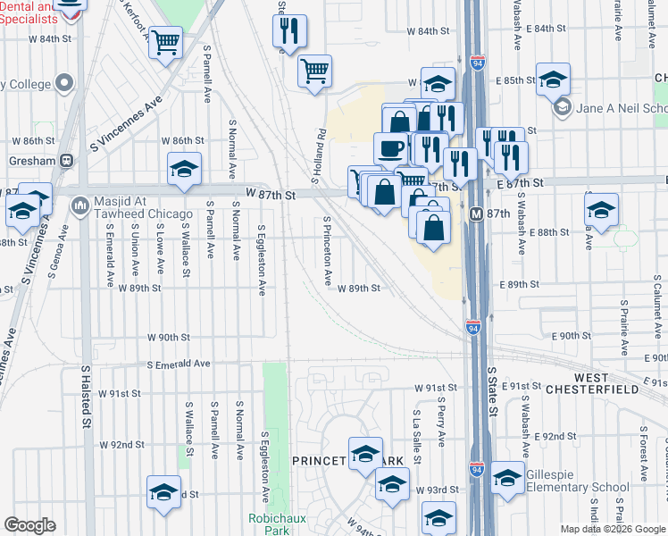 map of restaurants, bars, coffee shops, grocery stores, and more near 8845 South Princeton Avenue in Chicago