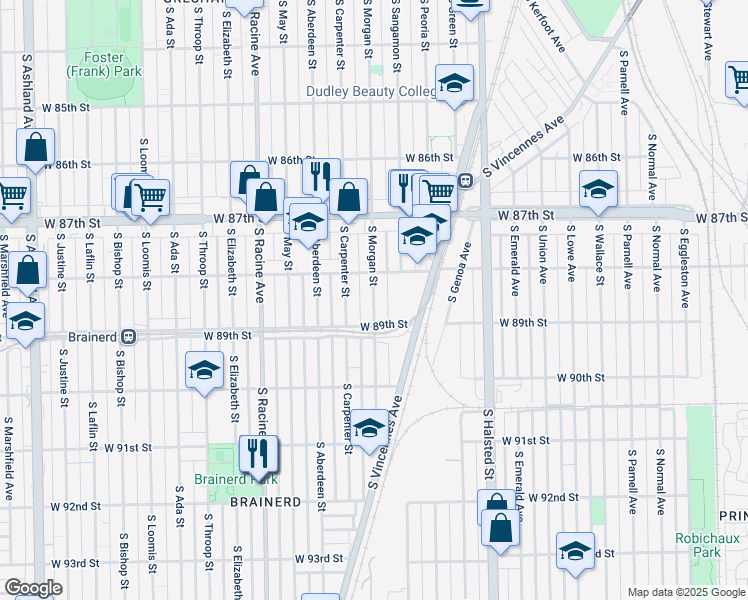 map of restaurants, bars, coffee shops, grocery stores, and more near 8837 South Morgan Street in Chicago