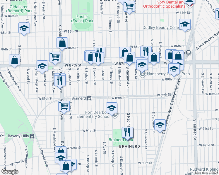map of restaurants, bars, coffee shops, grocery stores, and more near 8835 South Throop Street in Chicago