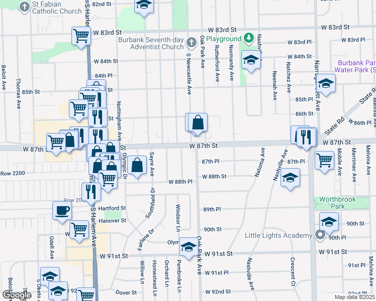 map of restaurants, bars, coffee shops, grocery stores, and more near 8708 Oak Park Avenue in Oak Lawn