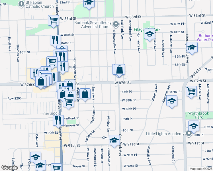 map of restaurants, bars, coffee shops, grocery stores, and more near 8710 New England Avenue in Oak Lawn
