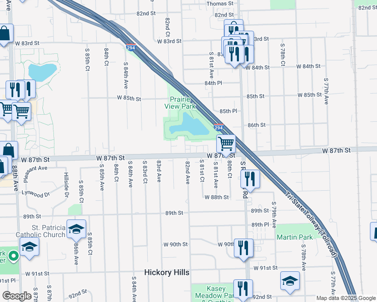 map of restaurants, bars, coffee shops, grocery stores, and more near 8700 South 82nd Avenue in Hickory Hills