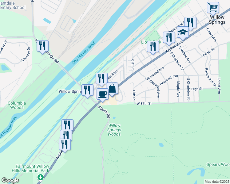 map of restaurants, bars, coffee shops, grocery stores, and more near 33 Cliffside Circle in Willow Springs