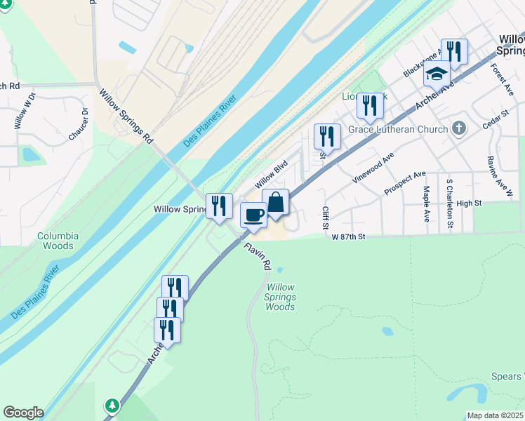map of restaurants, bars, coffee shops, grocery stores, and more near 123 Market Street in Willow Springs