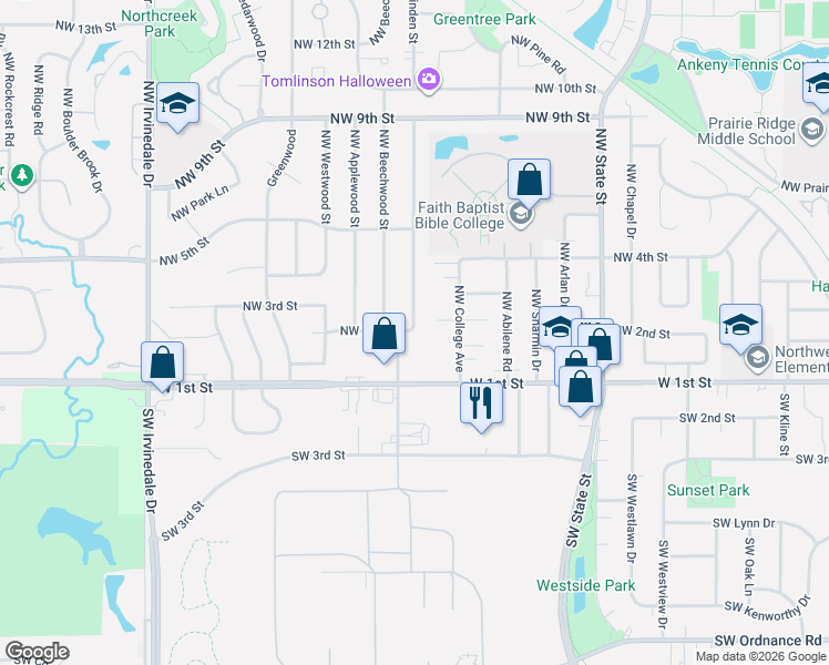 map of restaurants, bars, coffee shops, grocery stores, and more near 2101 Northwest 2nd Street in Ankeny