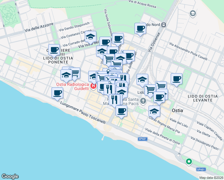 map of restaurants, bars, coffee shops, grocery stores, and more near 34 Via Orazio dello Sbirro in Lido di Ostia