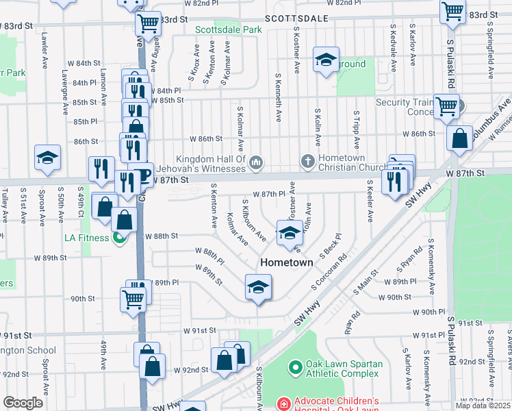 map of restaurants, bars, coffee shops, grocery stores, and more near 8742 South Duffy Avenue in Hometown