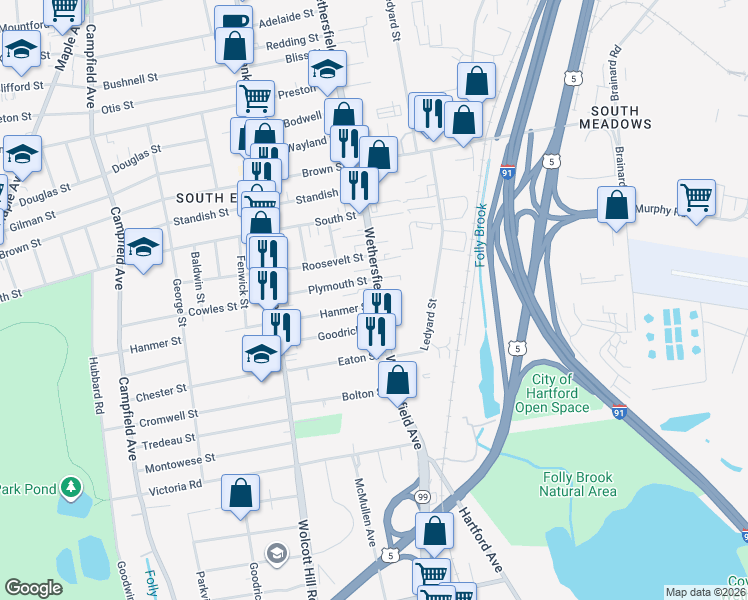 map of restaurants, bars, coffee shops, grocery stores, and more near 9 Hanmer Street in Hartford