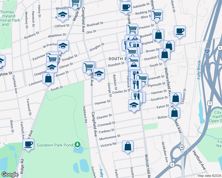 map of restaurants, bars, coffee shops, grocery stores, and more near 55 Baldwin Street in Hartford