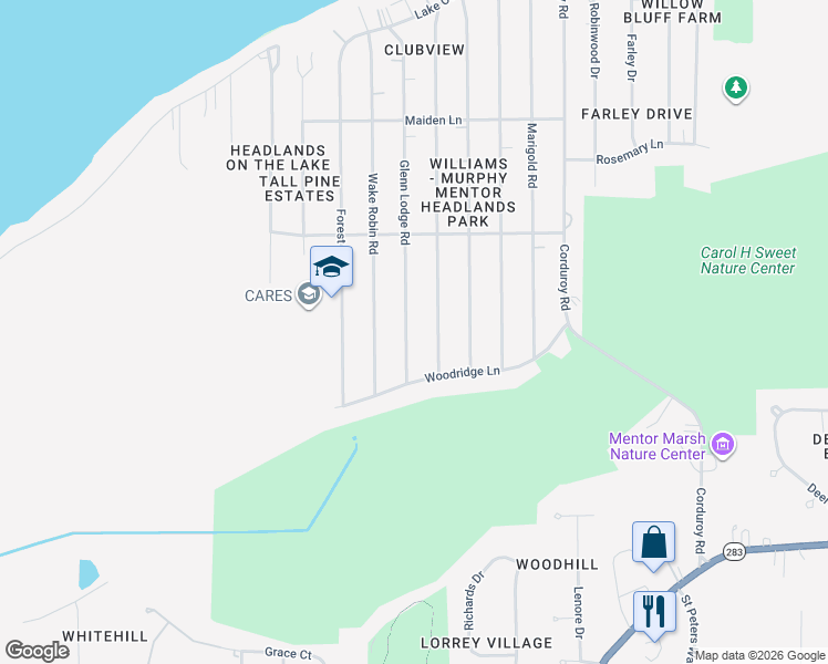 map of restaurants, bars, coffee shops, grocery stores, and more near 5055 Glenn Lodge Road in Mentor