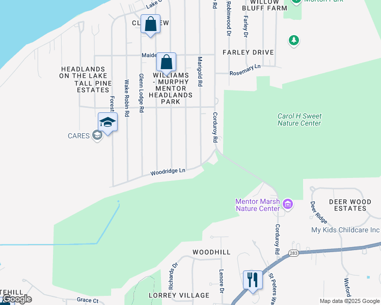map of restaurants, bars, coffee shops, grocery stores, and more near 5065 Belle Meadow Road in Mentor
