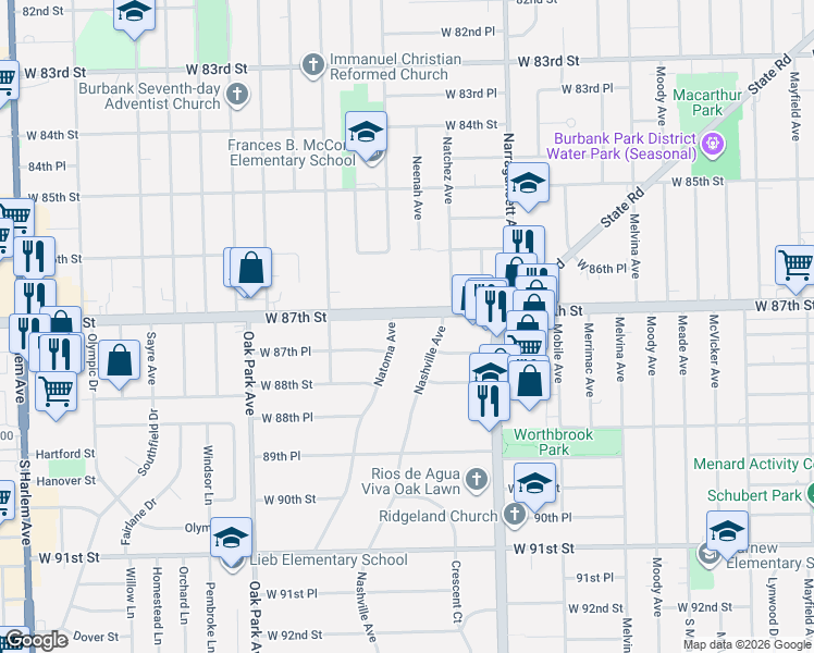 map of restaurants, bars, coffee shops, grocery stores, and more near 6600 West 87th Place in Oak Lawn