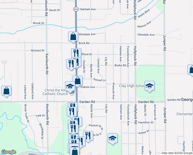 map of restaurants, bars, coffee shops, grocery stores, and more near 19572 Sunset Lane in South Bend