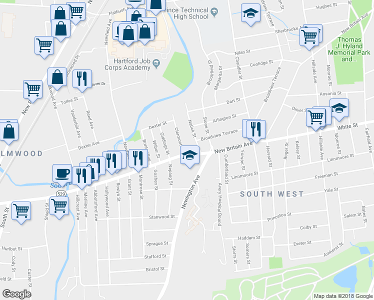 map of restaurants, bars, coffee shops, grocery stores, and more near 22 Clermont Street in Hartford