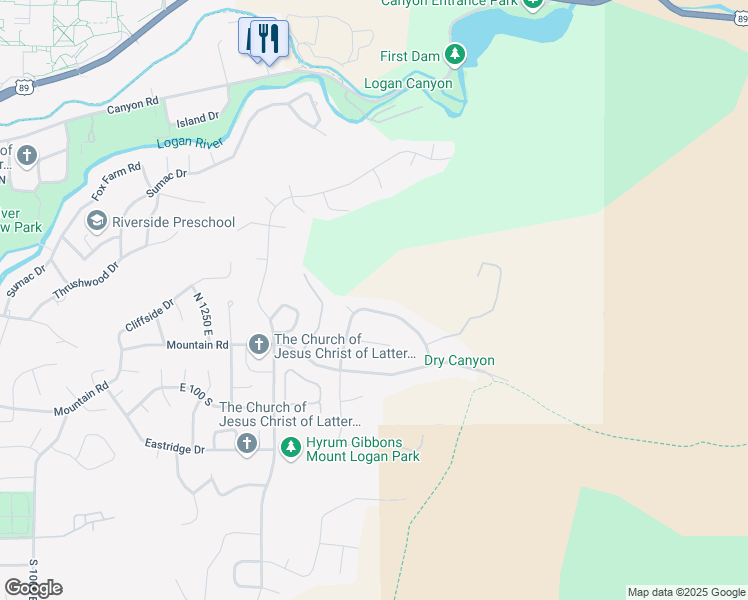 map of restaurants, bars, coffee shops, grocery stores, and more near 159 North Winding Way in Logan