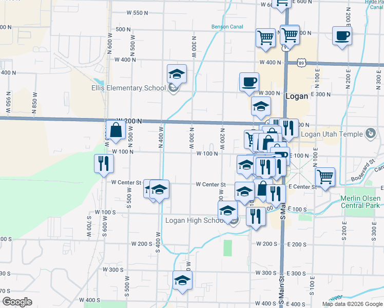 map of restaurants, bars, coffee shops, grocery stores, and more near 83 North 300 West in Logan