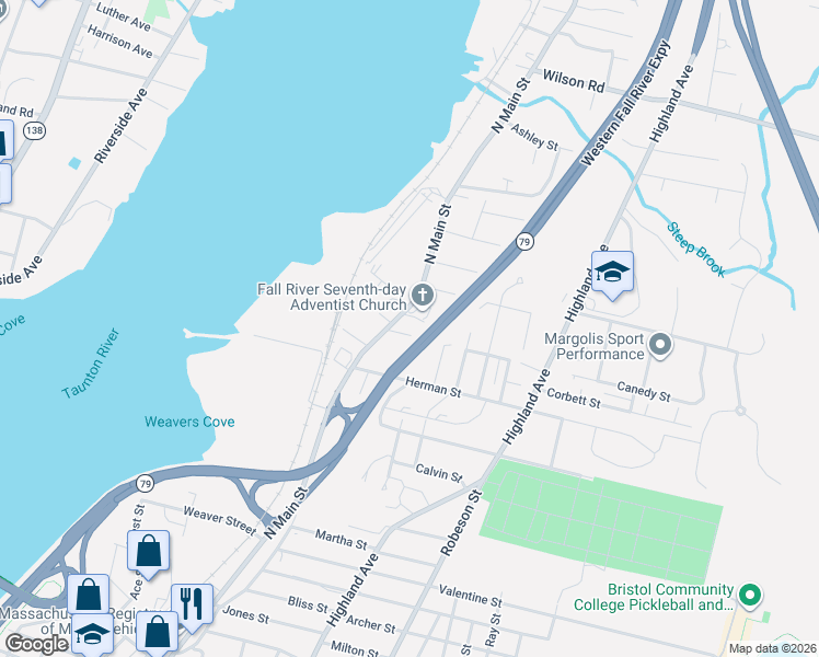 map of restaurants, bars, coffee shops, grocery stores, and more near 2585 North Main Street in Fall River