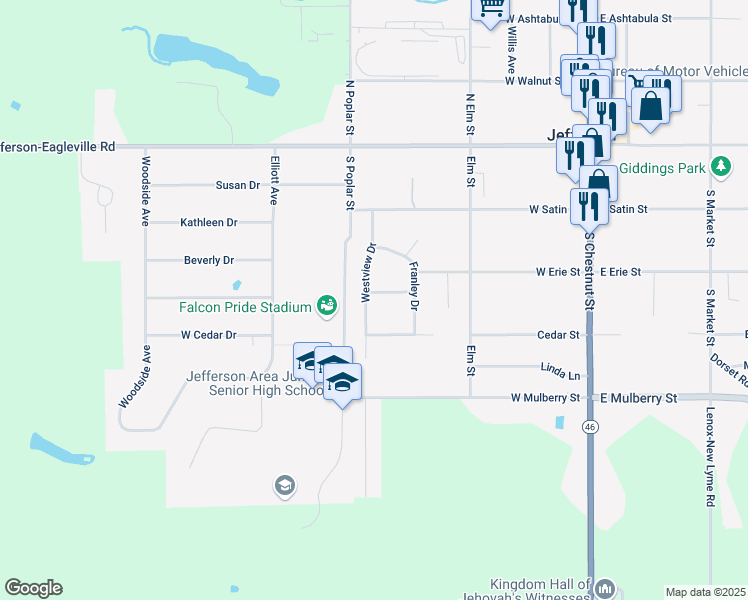 map of restaurants, bars, coffee shops, grocery stores, and more near 162 Maple Street in Jefferson